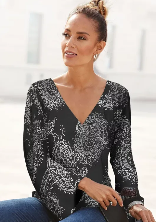 Outlet Vivance 3/4-Arm-Shirt Schwarz-Weis Bedruckt