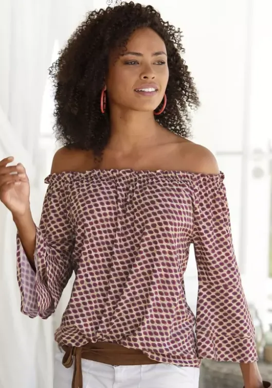 Hot LASCANA Carmenbluse Sand-Dunkelrot-Bedruckt