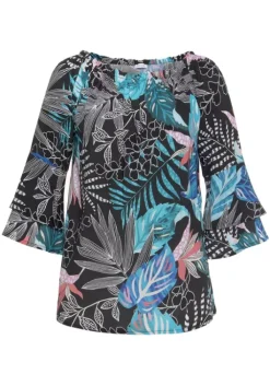 New LASCANA Carmenbluse Schwarz-Blau Bedruckt