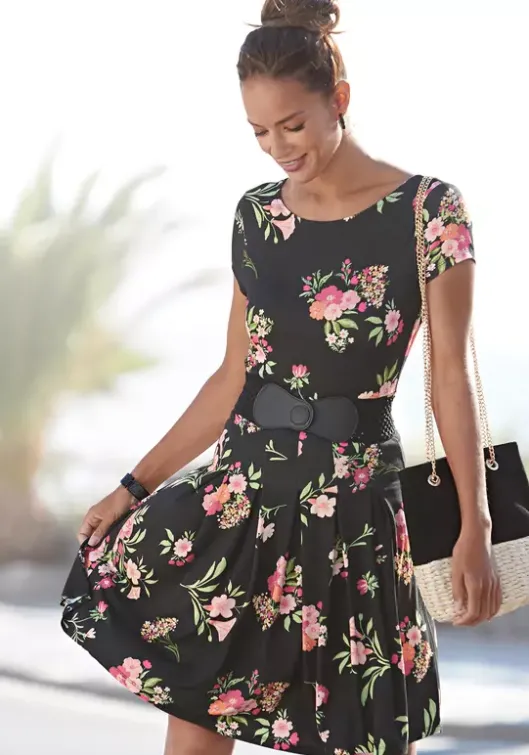 Outlet Vivance Druckkleid Schwarz-Pink-Bedruckt