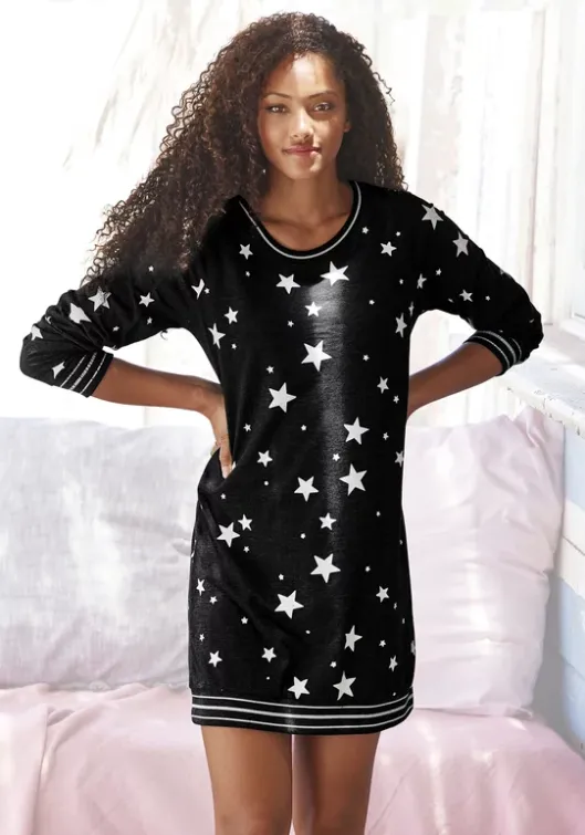 New Vivance Dreams Sleepshirt"Wb#Ot4-9Sd8012021-Vd Sternedruck" Schwarz- Weis