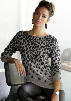 LASCANA Strickpullover Grau-Meliert-Leo