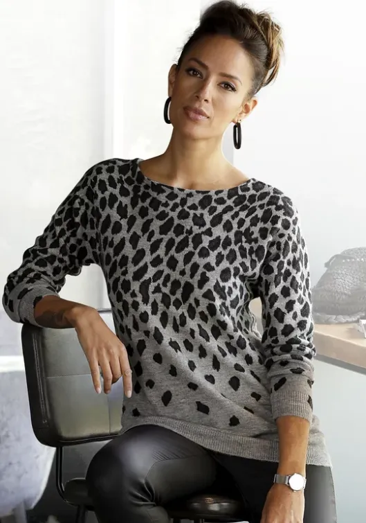LASCANA Strickpullover Grau-Meliert-Leo