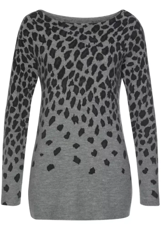 LASCANA Strickpullover Grau-Meliert-Leo
